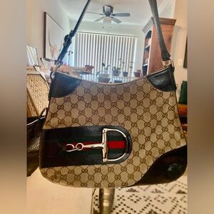 Gucci Beige Monogram Shoulder Bag with Black Trim and Green-Red Web